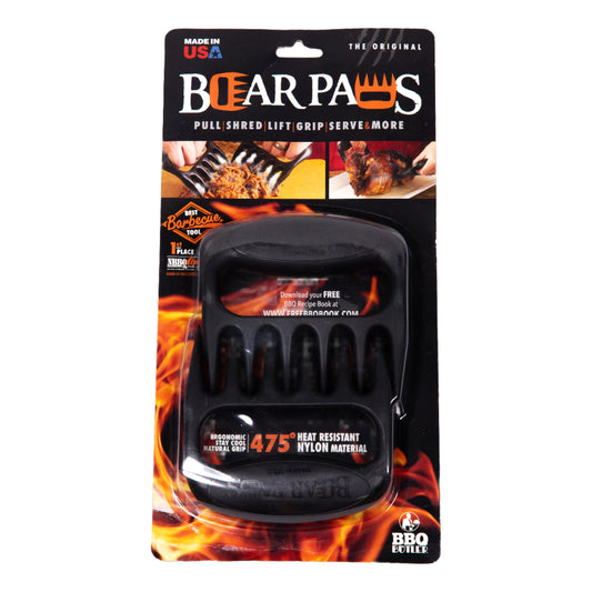 Packaging of Bear Paws BBQ tool with fiery design and text on a white background