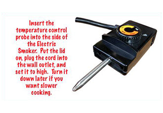 Electric smoker temperature control probe and instructions on a white background