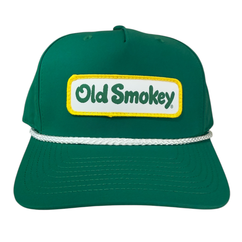 Old Smokey Blue Hat with American Flag Patch and White Rope around Bill