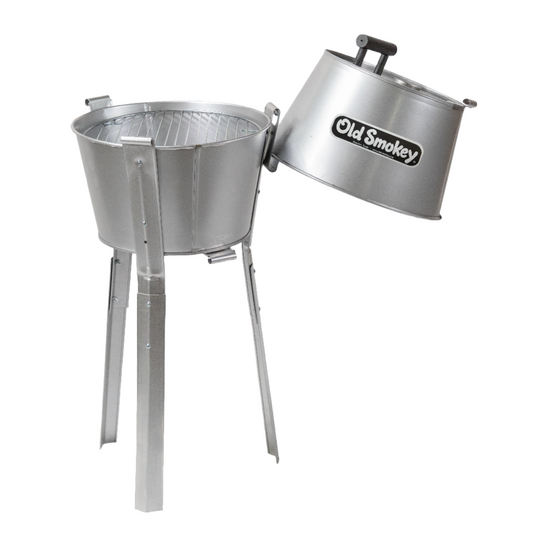 Stainless steel barbecue grill with 'Old Smokey' branding on a white background using a Magic Bracket 